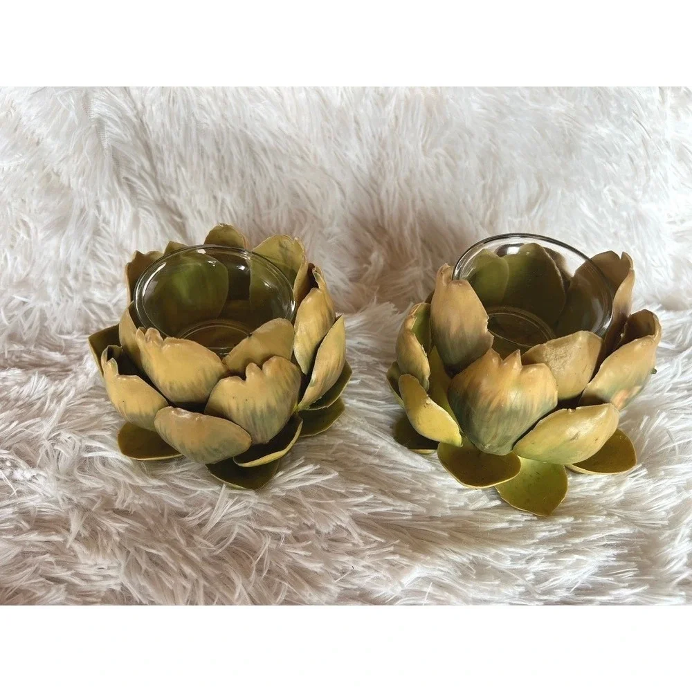 Artichoke Votive Candle Holders Set of 2 Green Yellow Botanical Decor